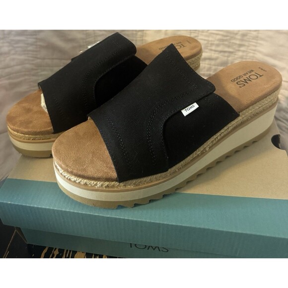 Toms Adria Black Canvas Wedge Mule Sandal Woman’s Size 9 NWT - Picture 1 of 8
